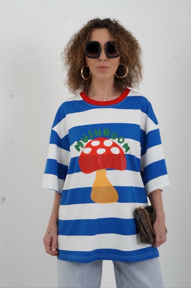 Mavi Çizgili Mushroom Baskılı Oversize Tshirt