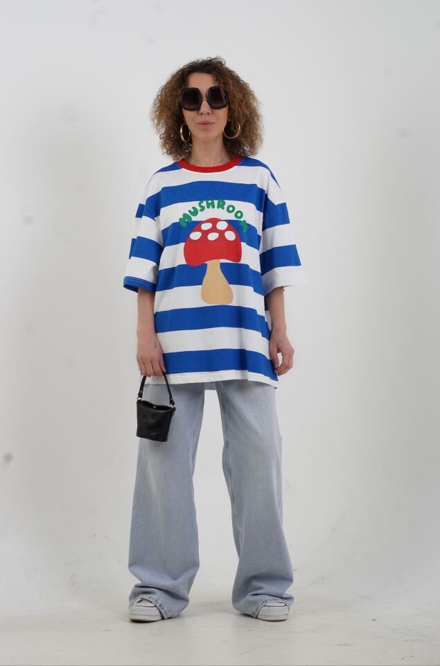 Mavi Çizgili Mushroom Baskılı Oversize Tshirt