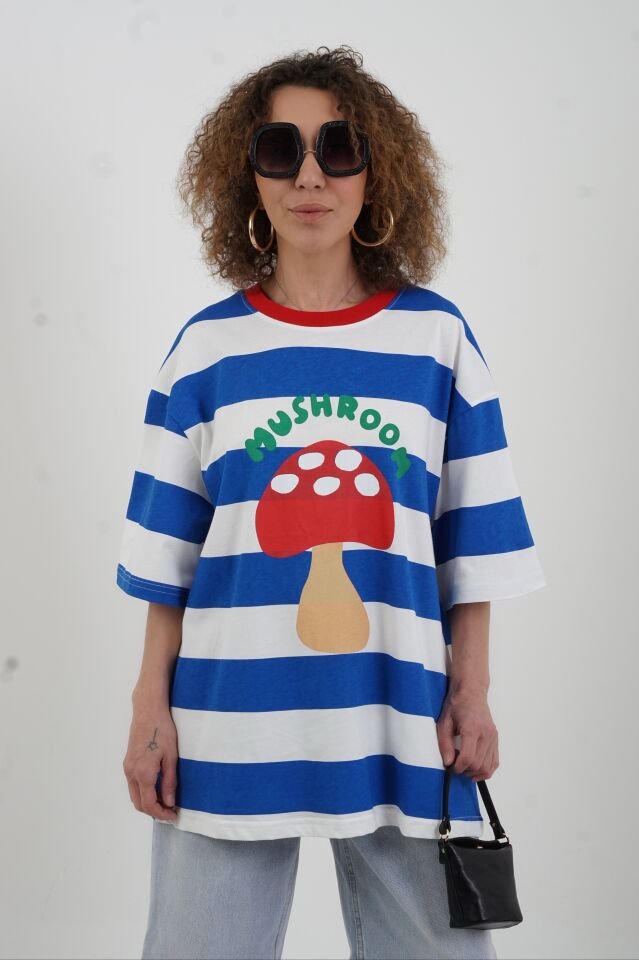 Mavi Çizgili Mushroom Baskılı Oversize Tshirt