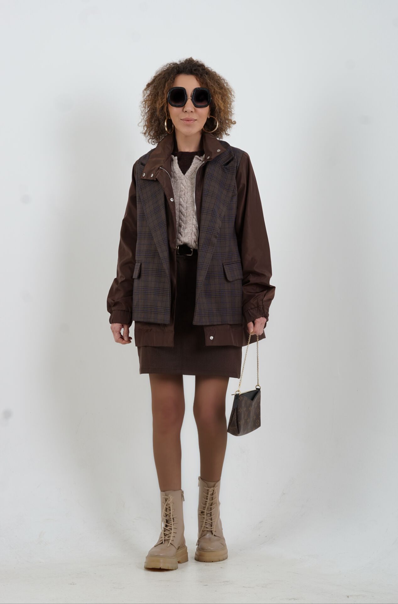 Kahve Ekose Garnili Ceket