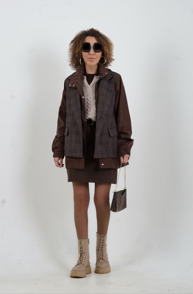 Kahve Ekose Garnili Ceket