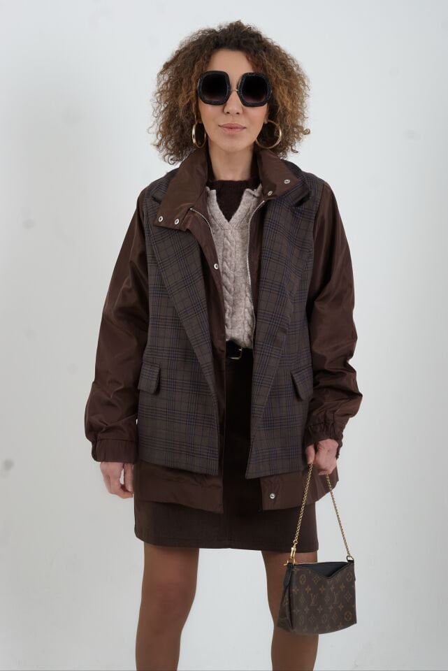 Kahve Ekose Garnili Ceket