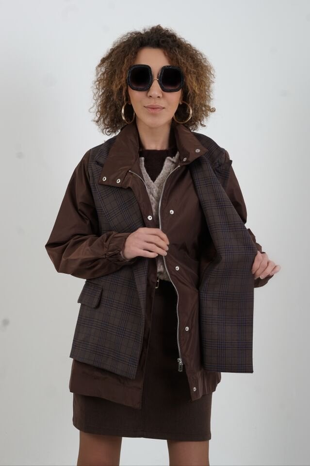 Kahve Ekose Garnili Ceket