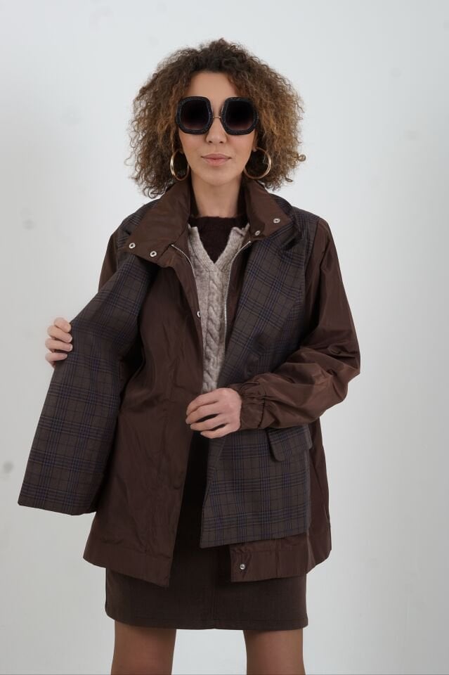 Kahve Ekose Garnili Ceket