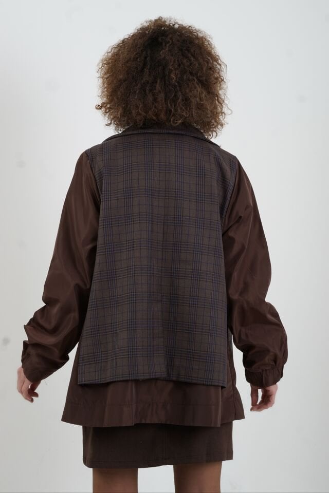 Kahve Ekose Garnili Ceket