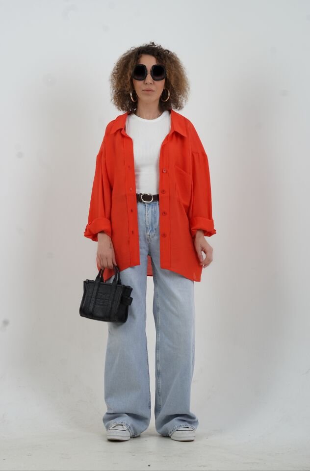 Kırmızı Omzu Düşük Oversize Gömlek