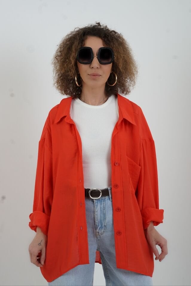 Kırmızı Omzu Düşük Oversize Gömlek