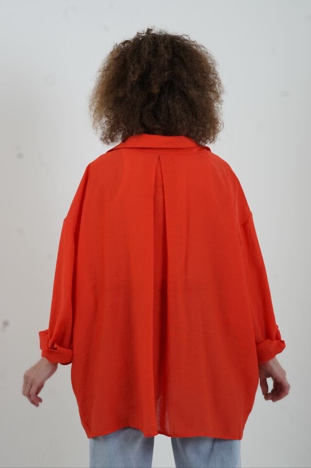 Kırmızı Omzu Düşük Oversize Gömlek