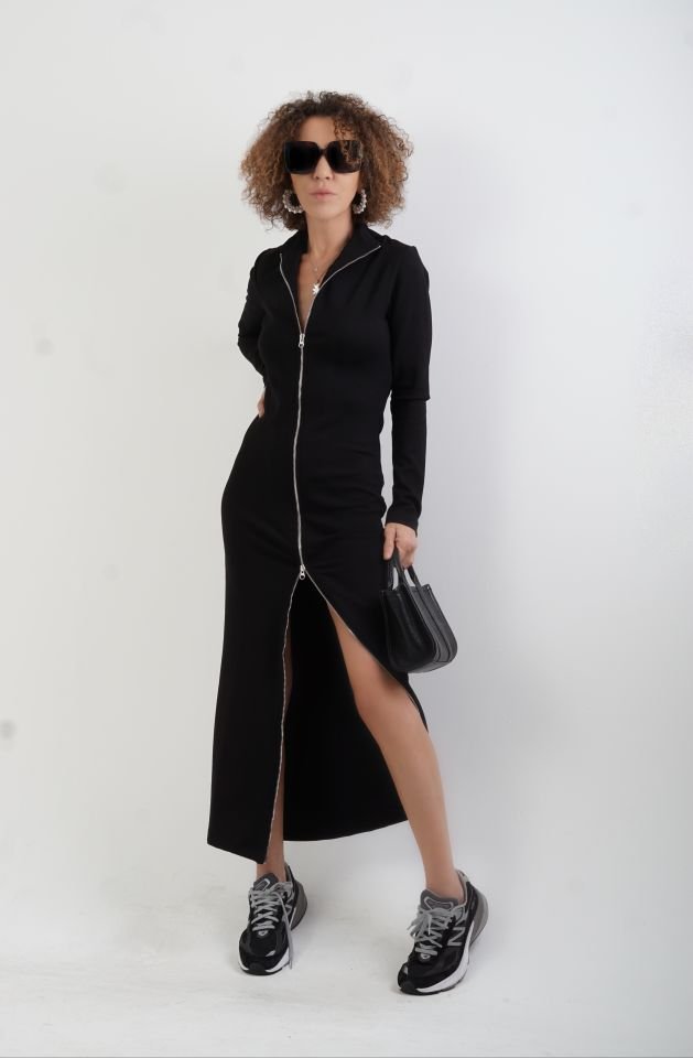 Siyah Madrid Uzun Kollu Fermuarlı Maxi Elbise