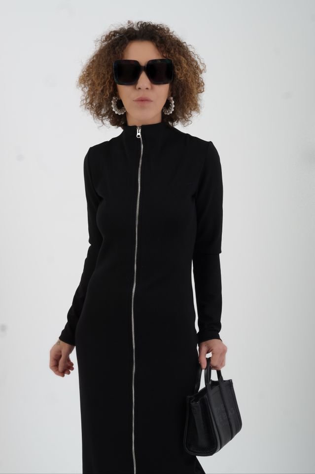 Siyah Madrid Uzun Kollu Fermuarlı Maxi Elbise