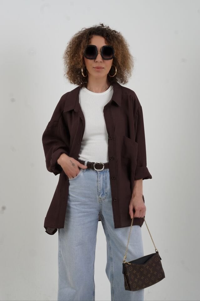 Vintage Kahve Omzu Düşük Oversize Gömlek
