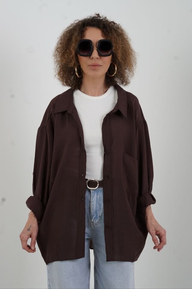 Kahverengi Omzu Düşük Oversize Gömlek