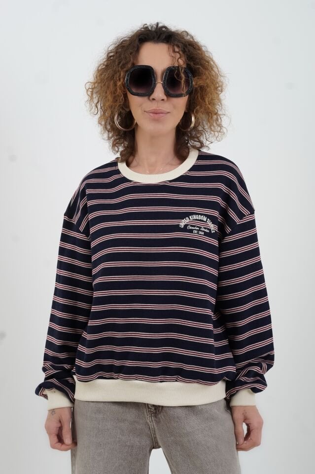 Lacivert Çizgili Oversize Sweatshirt