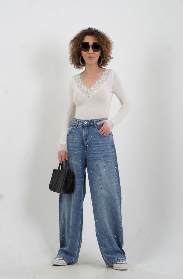 Ekru Dantelli Kaşmir Bluz