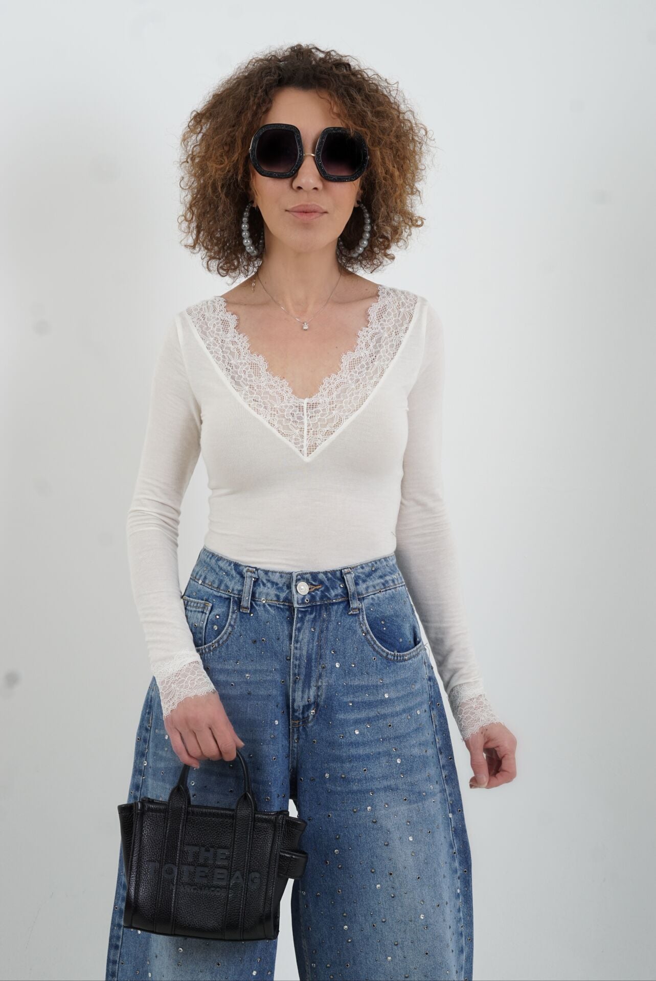 Ekru Dantelli Kaşmir Bluz