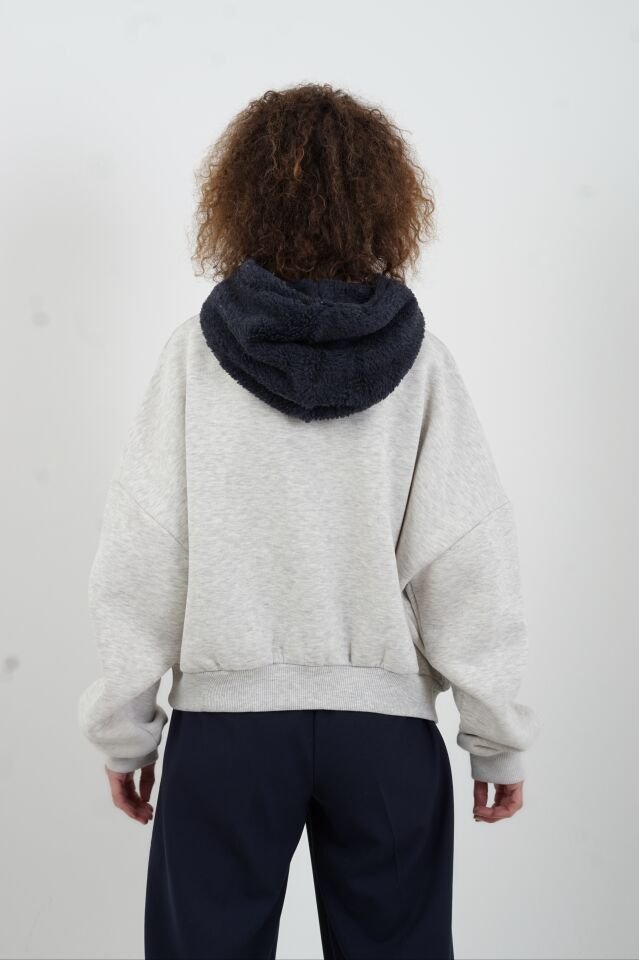 City Nakışlı Peluş Kapüşonlu  Sweatshirt