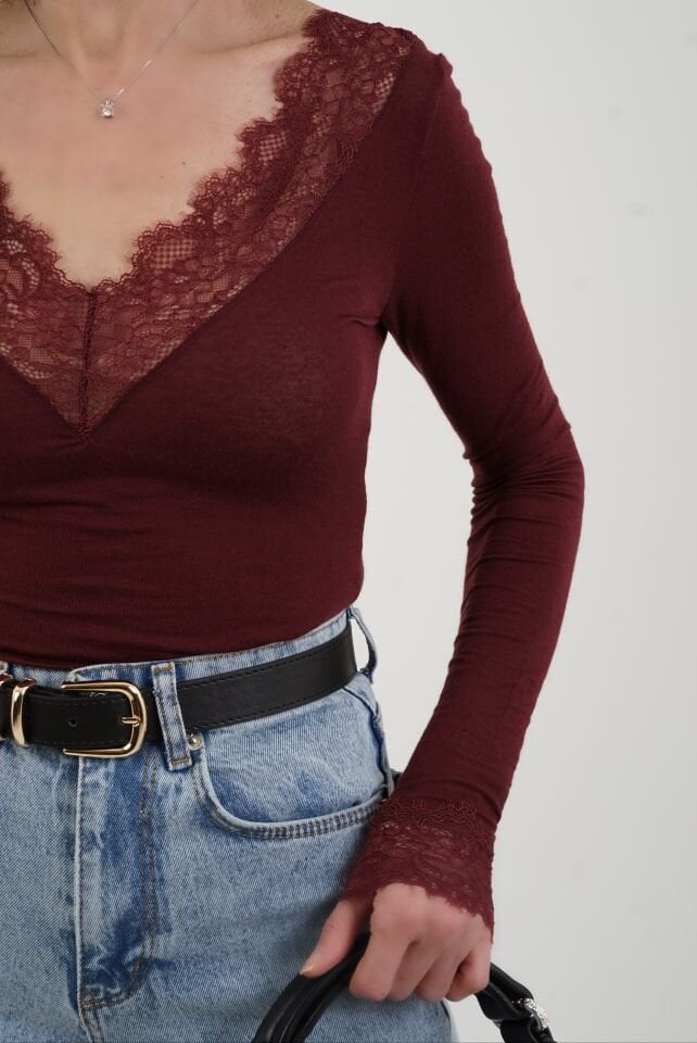 Bordo Dantelli Kaşmir Bluz