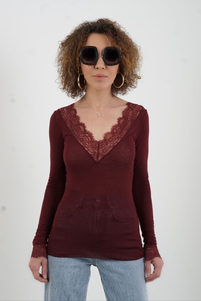 Bordo Dantelli Kaşmir Bluz