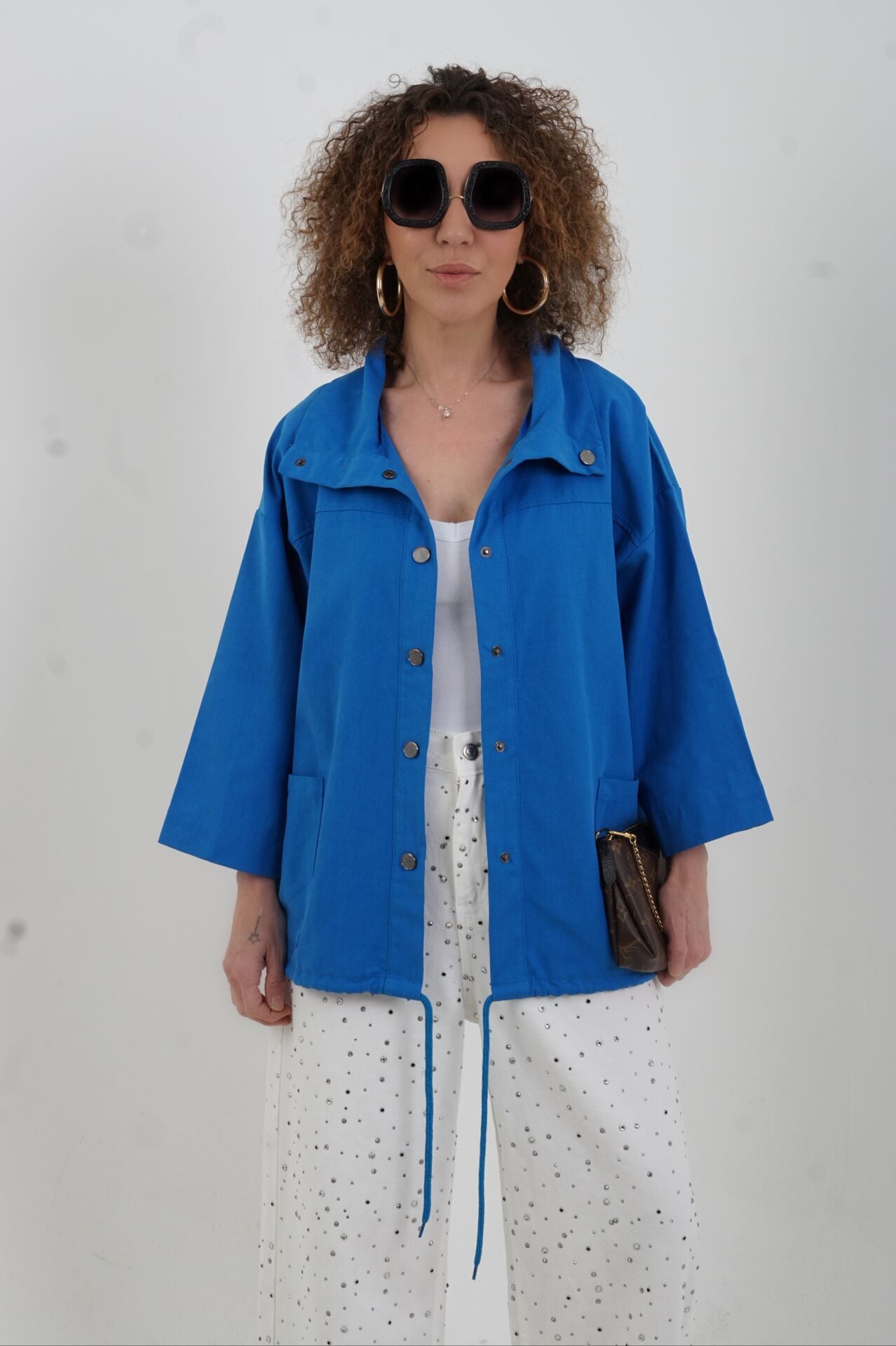 Saks Mavi Çıt Çıtlı Mont