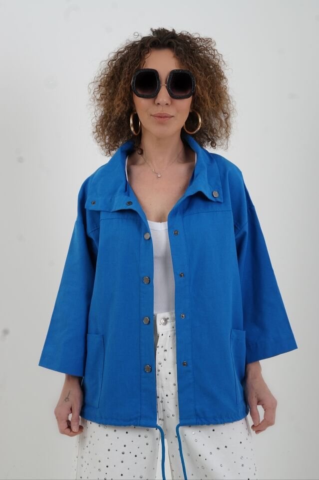 Saks Mavi Çıt Çıtlı Mont