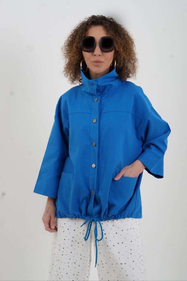 Saks Mavi Çıt Çıtlı Mont