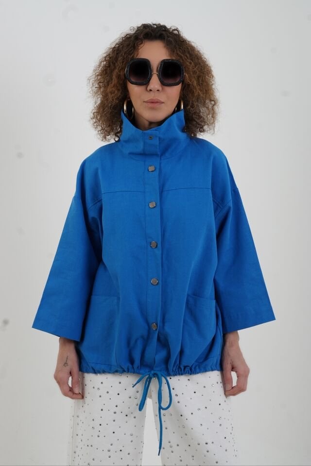 Saks Mavi Çıt Çıtlı Mont