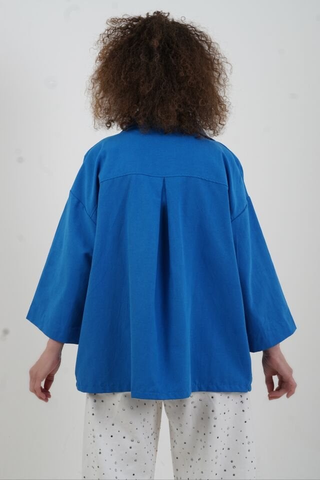 Saks Mavi Çıt Çıtlı Mont