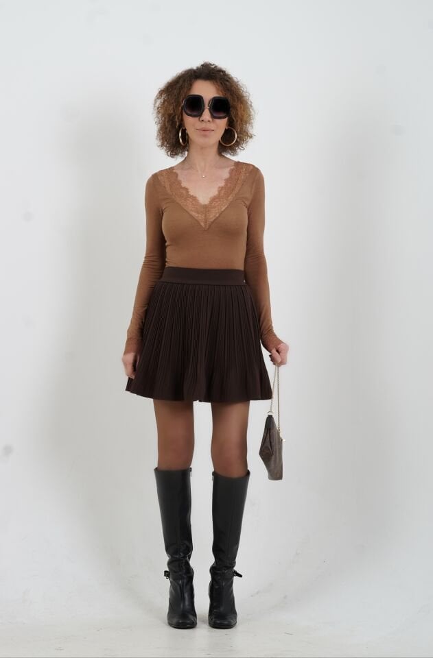 Koyu Vizon Dantelli Kaşmir Bluz