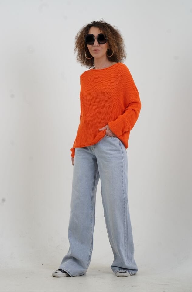 Oranj Kayık Yaka Basic Triko Kazak