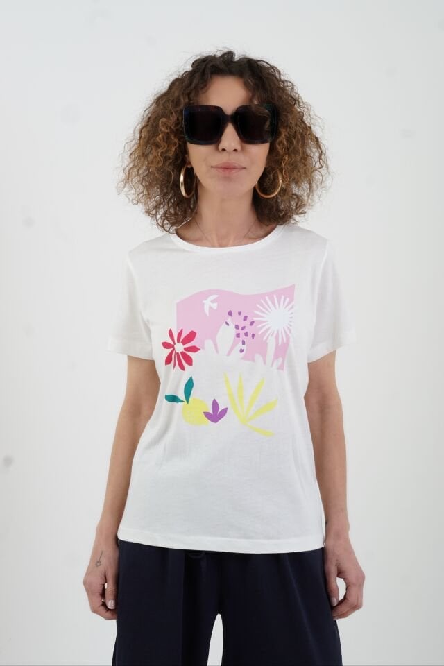 Beyaz Minimal Çiçek Baskılı Tshirt