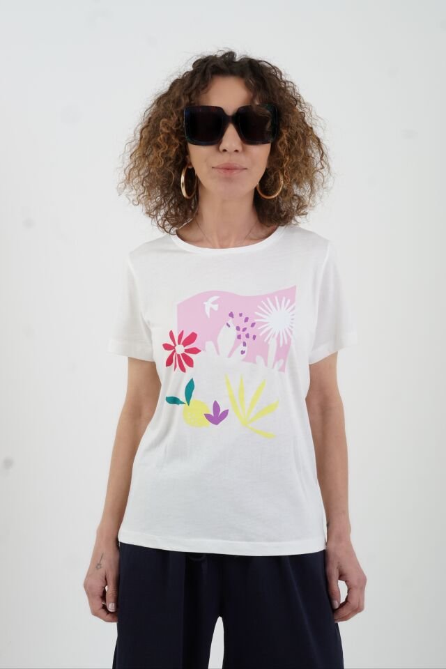 Beyaz Minimal Çiçek Baskılı Tshirt