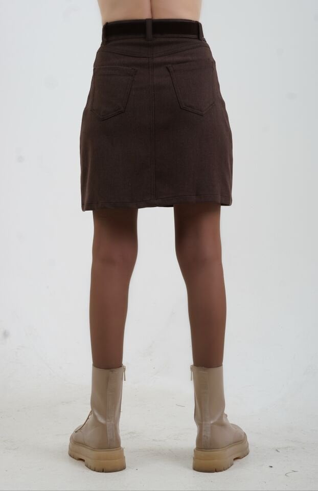 Kahve Kemerli Mini Etek