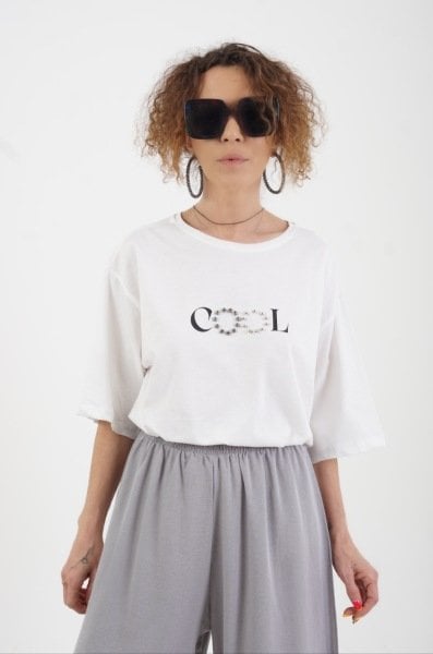 Ekru Cool O Yaka Baskılı Taşlı Oversize Salaş Tshirt