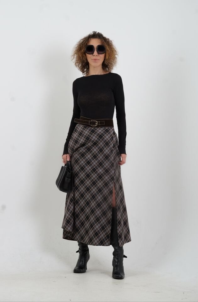 Siyah Kahve Kemerli Yırtmaçlı Ekose Etek