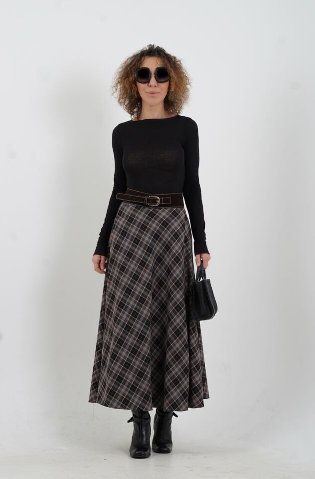 Siyah Kahve Kemerli Yırtmaçlı Ekose Etek