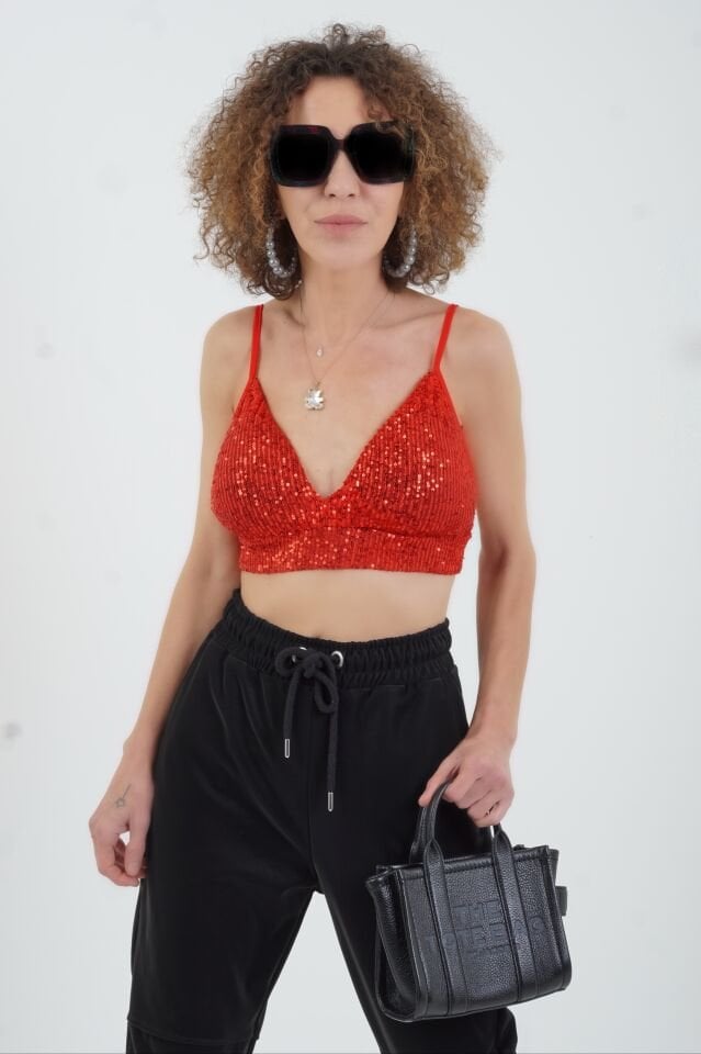 Kırmızı Pul Payetli Pedli Büstiyer