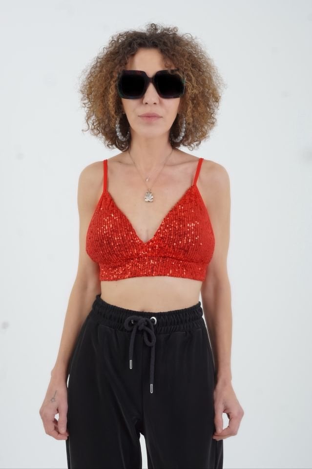 Kırmızı Pul Payetli Pedli Büstiyer