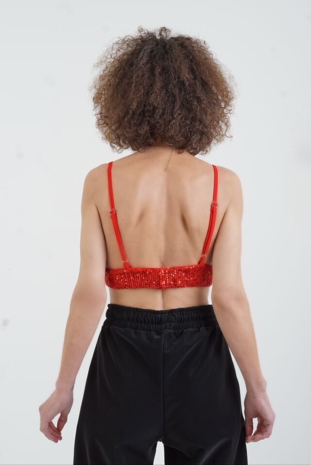 Kırmızı Pul Payetli Pedli Büstiyer