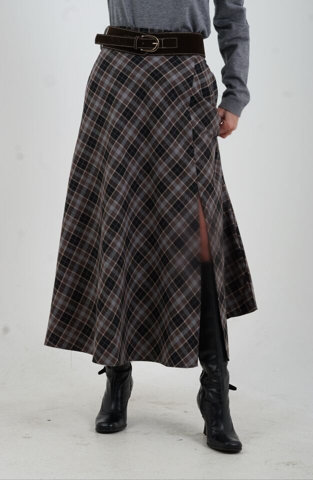 Siyah Kahve Kemerli Yırtmaçlı Ekose Etek