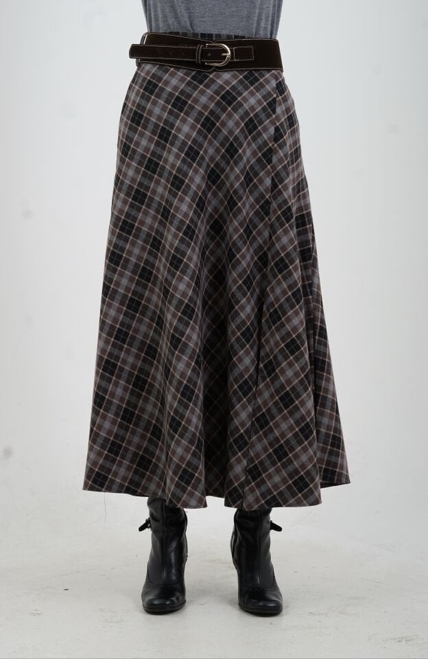 Siyah Kahve Kemerli Yırtmaçlı Ekose Etek