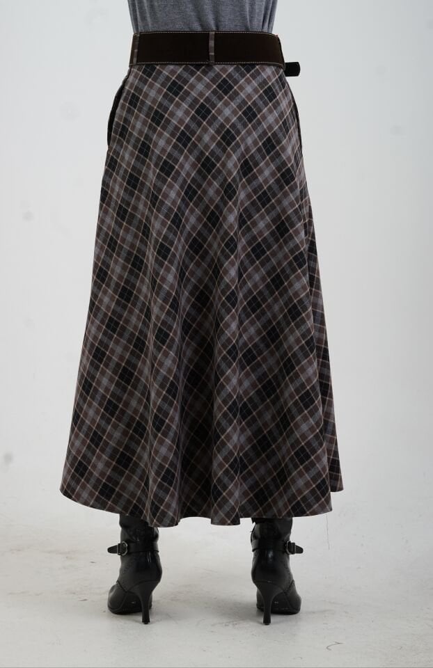 Siyah Kahve Kemerli Yırtmaçlı Ekose Etek