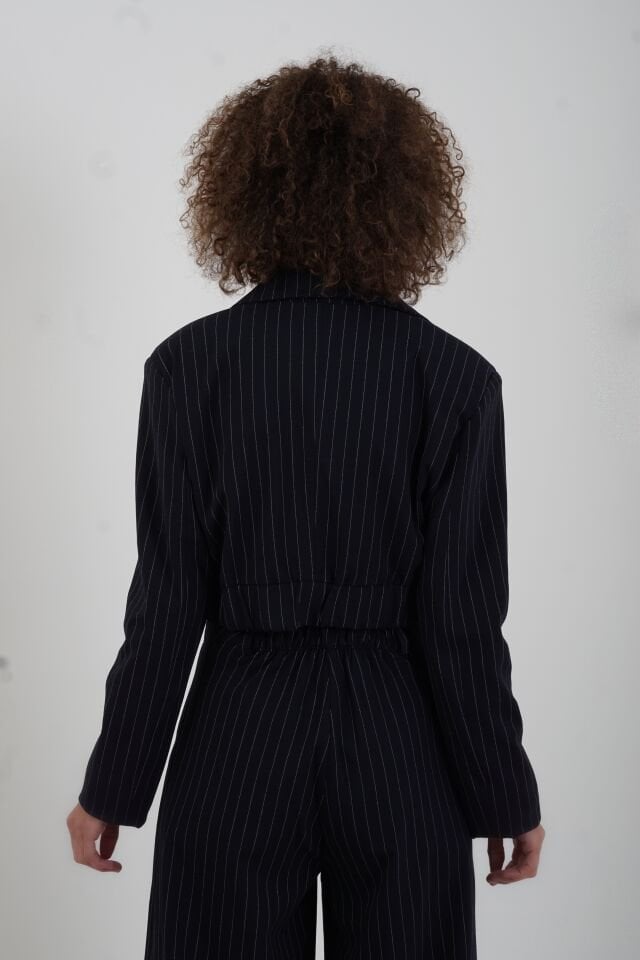 Lacivert Çizgili Poly Crop Ceket