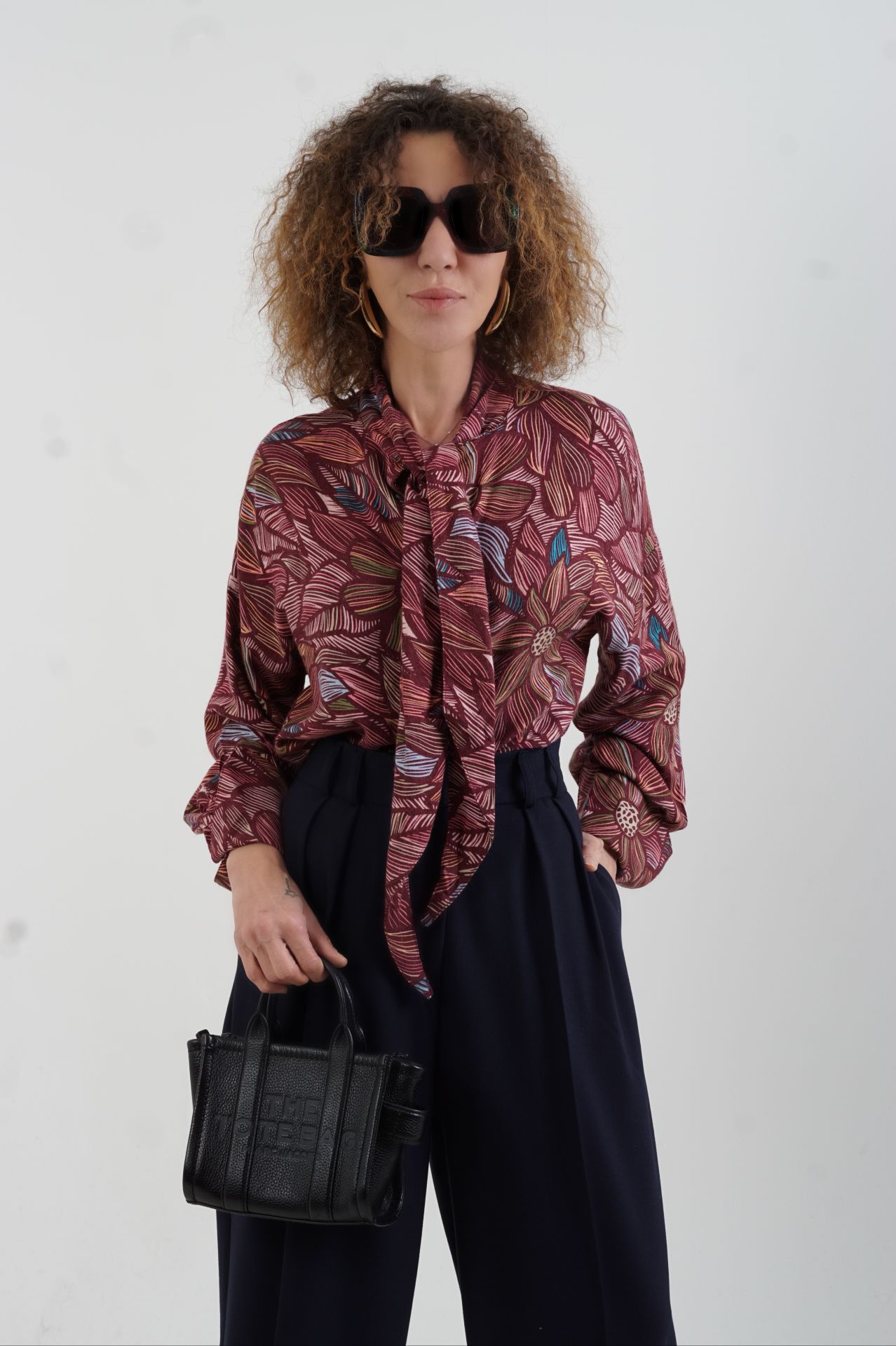 Vintage Floral Boyundan Bağlamalı Gömlek BORDO - 34