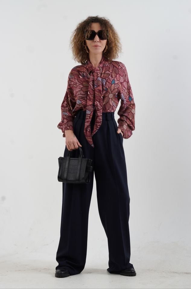 Vintage Floral Boyundan Bağlamalı Gömlek BORDO - 34