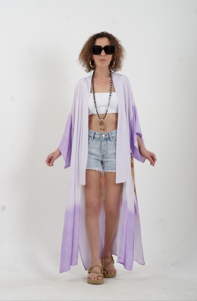 Lila Faralya Desenli Kimono