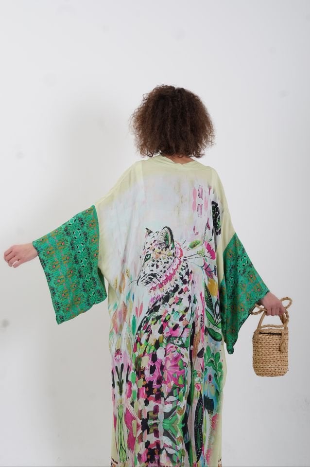 Yeşil Kenya Kaplan Desenli Kimono