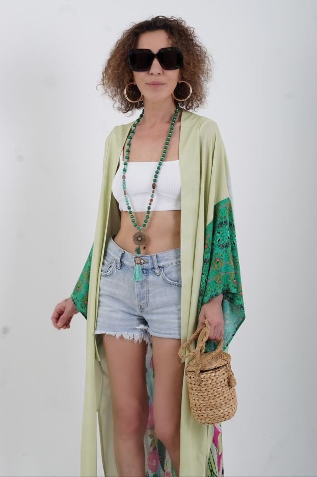 Yeşil Kenya Kaplan Desenli Kimono