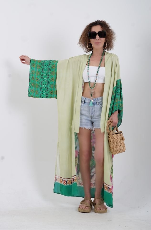 Yeşil Kenya Kaplan Desenli Kimono