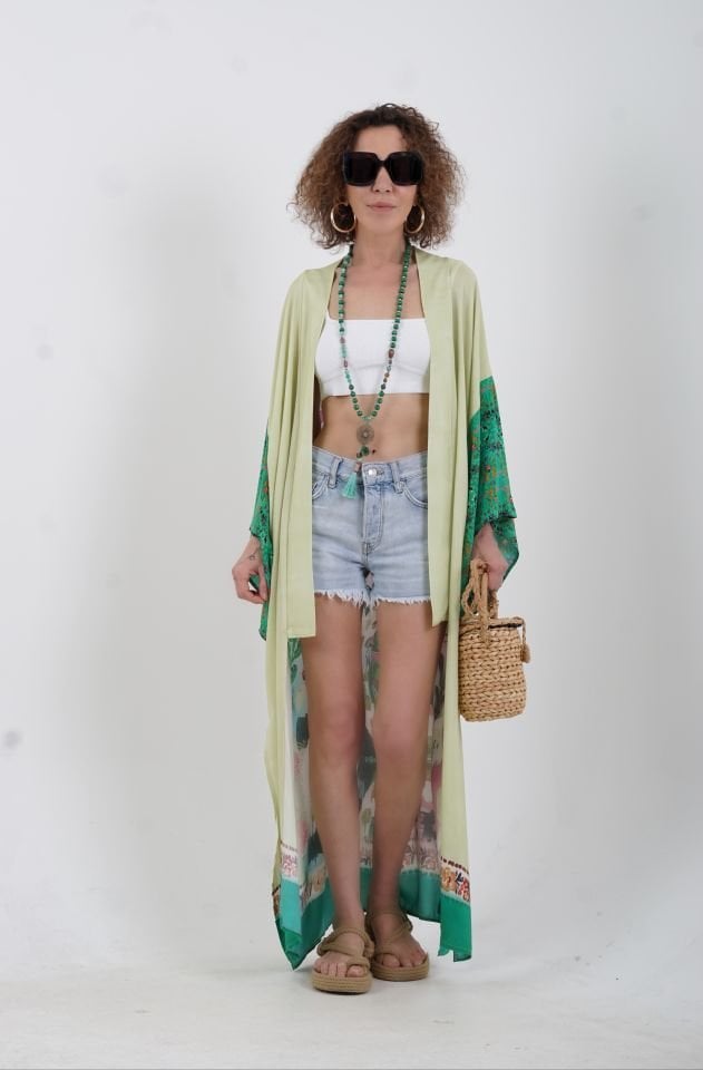 Yeşil Kenya Kaplan Desenli Kimono