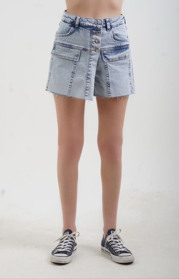 Buz Mavi Anvelop Denim Şort Etek